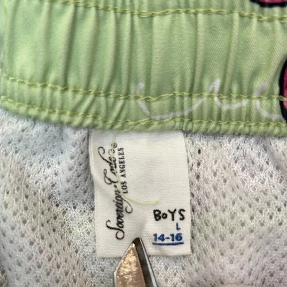Sovereign Code Boys Green Swim Shorts with Pink Flamingo, Size L 14-16